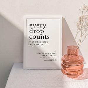 May include: A white framed print with the text "every drop counts" and "This home uses well water". Below the text is a reminder to be mindful of water use with suggestions to turn off the tap while brushing teeth, limit shower time, and report leaks.