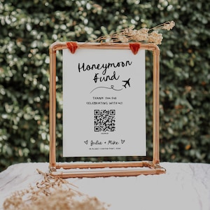 PRINTED + SHIPPED Whimsical Wedding Honeymoon Fund QR Code Sign, Hand Drawn Honeymoon Fund Sign | HD3
