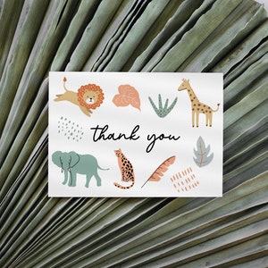 Safari Thank You Card Template Jungle Animals Thankyou Card Party Animals Thank You Card Instant Download - Girl