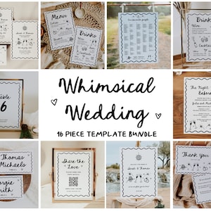 Whimsical Wedding Suite Template Bundle Hand Drawn Wedding Sign Templates Scribble Hand Written Wedding Invitation Wavy Scallop Edge | HD1