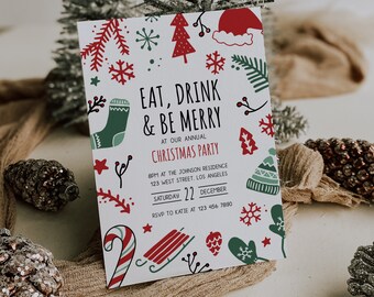 Könnte beinhalten: Eine weiße Weihnachtsfeier-Einladung mit roten und grünen Illustrationen von Schneeflocken, Zuckerstangen, einem Strumpf, einem Schlitten, einem Weihnachtsbaum und einer Weihnachtsmütze. Der Text lautet "Eat, Drink & Be Merry" auf unserer jährlichen Weihnachtsfeier. 20 Uhr in der Johnson Residence, 123 West Street, Los Angeles. Samstag, 22. Dezember. RSVP an Katie unter 123 456 7890.