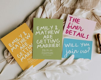 Colorful Wedding Invitation Suite Bright Hand Written Wedding Invite Bold Fun Wedding Invitation Template | Q1