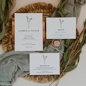 May include: A wedding invitation suite with a minimalist design featuring a simple floral illustration. The invitation card includes the names "Lauren & Taylor", the wedding date "Aug 24, 2023", and the location "Terranea Resort, Rancho Palos Verdes, California". The RSVP card includes a simple "accept" or "regret" option. The details card provides information about a block of rooms reserved at the resort and a website address for more information.