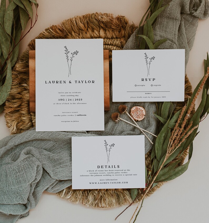 May include: A wedding invitation suite with a minimalist design featuring a simple floral illustration. The invitation card includes the names "Lauren & Taylor", the wedding date "Aug 24, 2023", and the location "Terranea Resort, Rancho Palos Verdes, California". The RSVP card includes a simple "accept" or "regret" option. The details card provides information about a block of rooms reserved at the resort and a website address for more information.