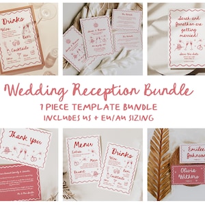 Hand Drawn Wedding Invitation Suite Squiggle Illustrated Wedding Reception Bundle Pink Red Hand Drawn Fun Wedding Invitation Template | HD1