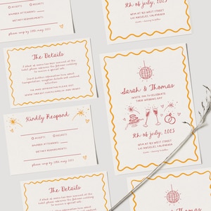 Hand Drawn Wedding Invitation Suite Squiggle Illustrated Wedding Invite Pink Yellow Hand Drawn Fun Wedding Invitation Template | HD1
