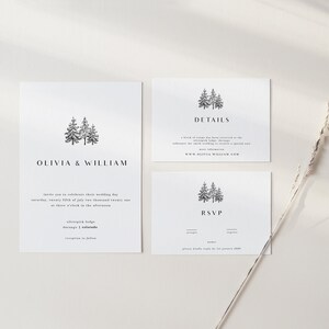 May include: A wedding invitation suite with a minimalist design featuring a black and white illustration of three pine trees. The invitation card reads "Olivia & William" and includes the wedding date, time, and location. The details card includes the wedding website and the RSVP card includes a place for guests to indicate their attendance.