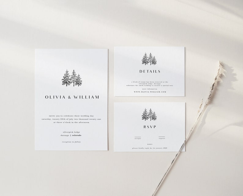 May include: A wedding invitation suite with a minimalist design featuring a black and white illustration of three pine trees. The invitation card reads "Olivia & William" and includes the wedding date, time, and location. The details card includes the wedding website and the RSVP card includes a place for guests to indicate their attendance.