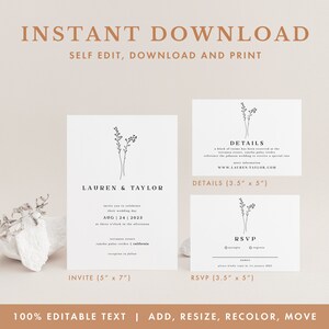 May include: A printable wedding invitation and RSVP card template with a minimalist design featuring a simple floral illustration. The invitation is 5 inches by 7 inches and the RSVP card is 3.5 inches by 5 inches. The text is editable, allowing you to customize the details for your wedding.