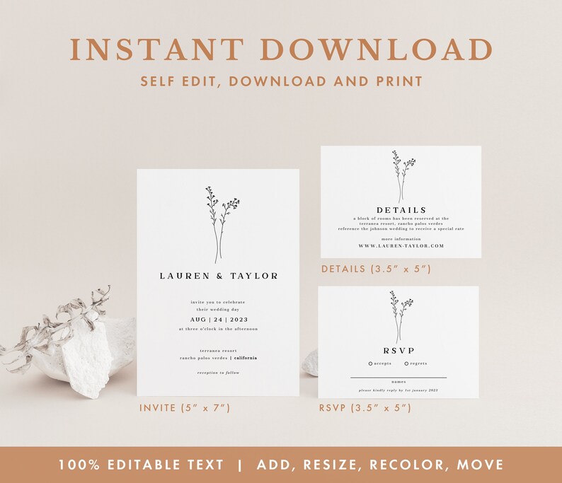 May include: A printable wedding invitation and RSVP card template with a minimalist design featuring a simple floral illustration. The invitation is 5 inches by 7 inches and the RSVP card is 3.5 inches by 5 inches. The text is editable, allowing you to customize the details for your wedding.