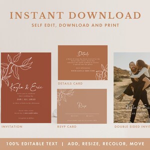 May include: A set of three printable wedding invitation cards with a minimalist design featuring a white line drawing of a branch with leaves on a terracotta background. The cards include an invitation, RSVP card, and a double-sided invitation with a photo of a couple. The text on the cards reads "Kayla & Eric" and "Jan 12, 2023".
