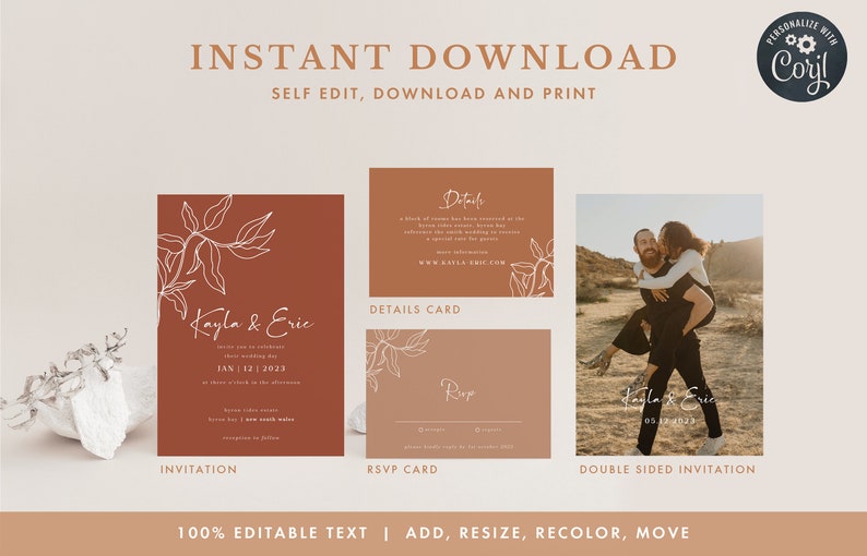 May include: A set of three printable wedding invitation cards with a minimalist design featuring a white line drawing of a branch with leaves on a terracotta background. The cards include an invitation, RSVP card, and a double-sided invitation with a photo of a couple. The text on the cards reads "Kayla & Eric" and "Jan 12, 2023".