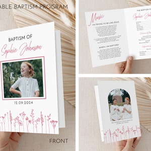 LDS Baptism Program Printable Neutral Baptism Program Editable LDS Baptism Program Template Floral Leaves Pink