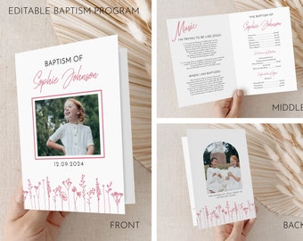 May include: A white card with pink floral accents and a photo of a young girl. The card reads "Baptism of Sophie Johnson" and "12.09.2024".