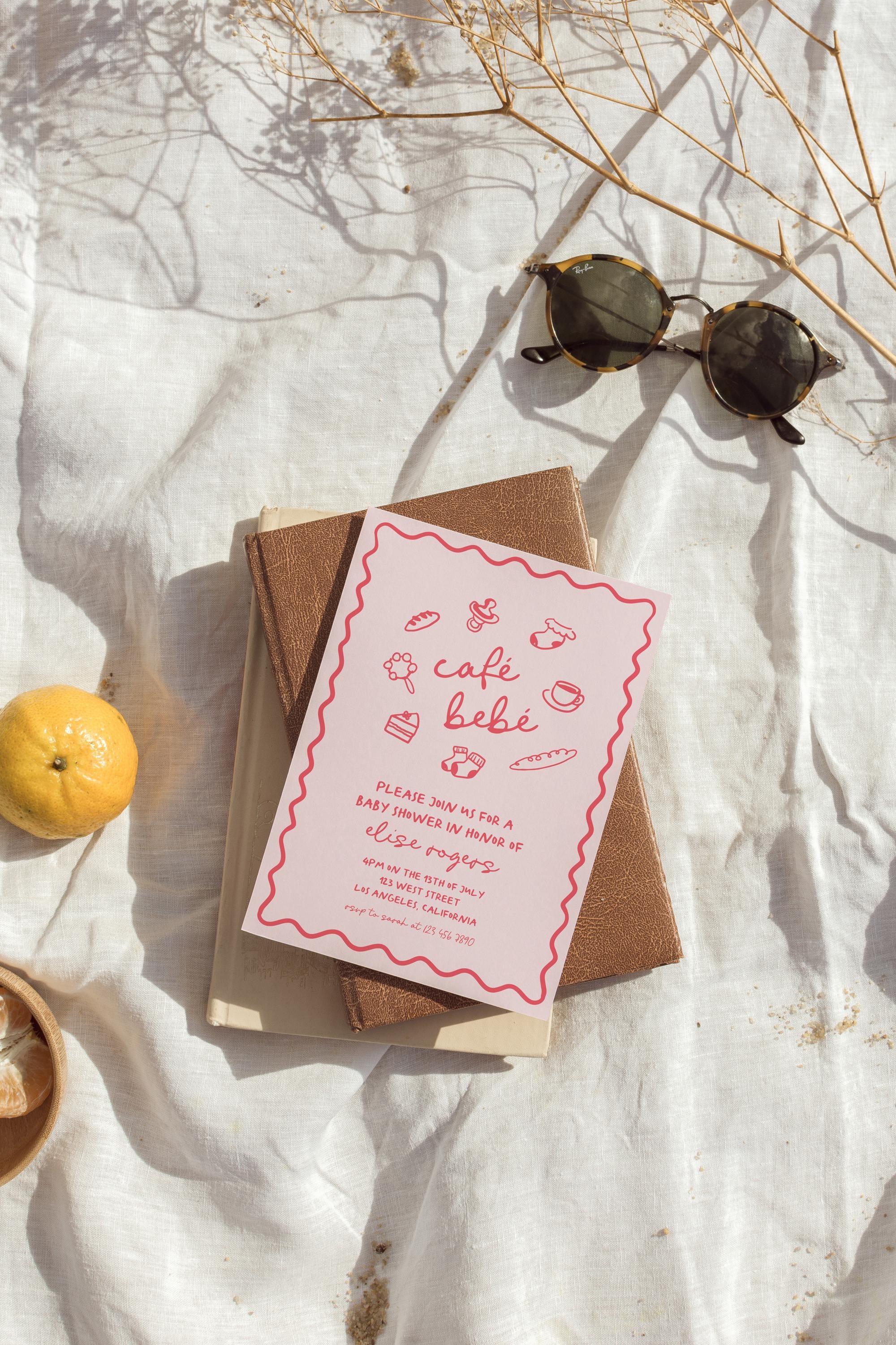 Café Bebé Baby Shower Invitation Template, Whimsical Girl Pink Baby Shower Coffee Theme with Wavy Border | HD4