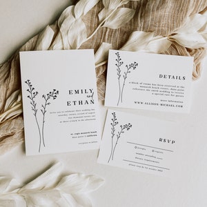 May include: Wedding invitation with a floral design. The invitation is for Emily and Ethan's wedding on Saturday, August 22nd, 2020 at 3:00 PM at St. Regis Monarch Beach in Dana Point, California. The invitation includes details about the wedding and an RSVP card.