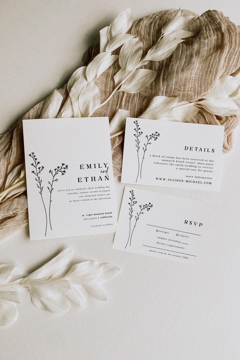 May include: Wedding invitation with a floral design. The invitation is for Emily and Ethan's wedding on Saturday, August 22nd, 2020 at 3:00 PM at St. Regis Monarch Beach in Dana Point, California. The invitation includes details about the wedding and an RSVP card.