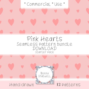 Op de afbeelding: Een roze naadloze patroonbundel met harten. De afbeelding bevat de tekst "Pink Hearts Seamless pattern bundle DOWNLOAD Starter pack". De woorden "Commercial Use", "Hand drawn" en "12 patterns" zijn ook zichtbaar.