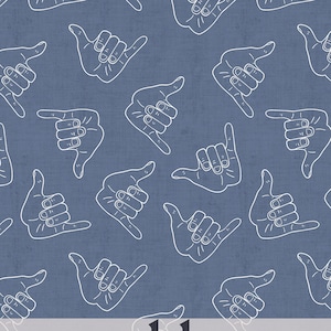 May include: A seamless pattern featuring a repeated design of white hand gestures on a blue background. The hand gestures are in the shape of a shaka sign, a popular Hawaiian greeting. The pattern is perfect for use in a variety of creative projects, such as fabric, wallpaper, and wrapping paper.