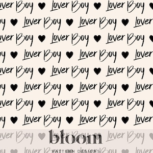 Puede incluir: Un patrón sin costuras con el texto "Lover Boy" repetido en una fuente manuscrita negra sobre un fondo beige claro. Corazones negros están intercalados entre el texto.