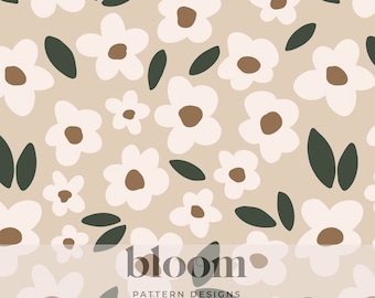 Boho Garden Florals Seamless Pattern Design Digital File Clipart - Daisy Flowers, Neutral, Baby Girl - Personal and Commercial Use.