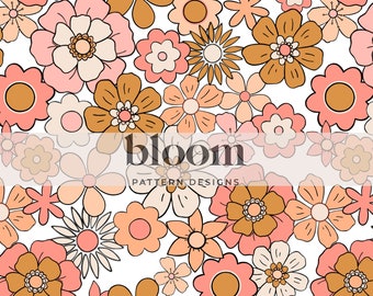 Groovy Boho Floral Seamless Pattern Design Digital File Clipart. Retro 70s Florals, Vintage Flowers, Pink. Personal and Commercial Use.