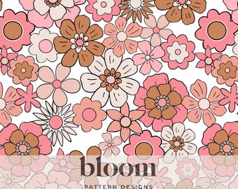 Pink and Gold 70s Retro Flowers Seamless Pattern Design Digital File Clipart. Vintage Floral, Summer, Beach. Personal and Commercial Use.