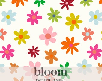 Colorful Retro Daisy Flowers Seamless Pattern Design Digital File Clipart. Boho, Daisies, Florals, Summer. Personal and Commercial Use.