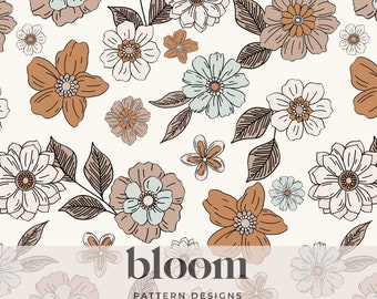 Boho Golden Florals Seamless Pattern Design Digital File Clipart. Retro Flowers, Vintage Floral, Botanical. Personal and Commercial Use.