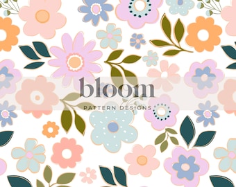Posy Florals Seamless Pattern Design Digital File Clipart. Summer Flowers, Lavender, Blush, Blue Orange, Bold. Personal and Commercial Use