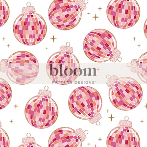 May include: A seamless pattern featuring pink and red disco ball ornaments with gold accents on a white background. The pattern is perfect for holiday crafts and decorations.