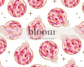 Disco Ball Ornaments Seamless Pattern File Design. Retro Christmas, 70s, Pink Christmas, Xmas. Clipart for Personal and Commercial Use.