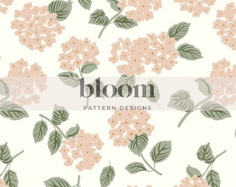 Peach Blush Hydrangea Floral Seamless Pattern Design Digital File Clipart. Girl Nursery, Spring Flowers.  Personal and Commercial Use