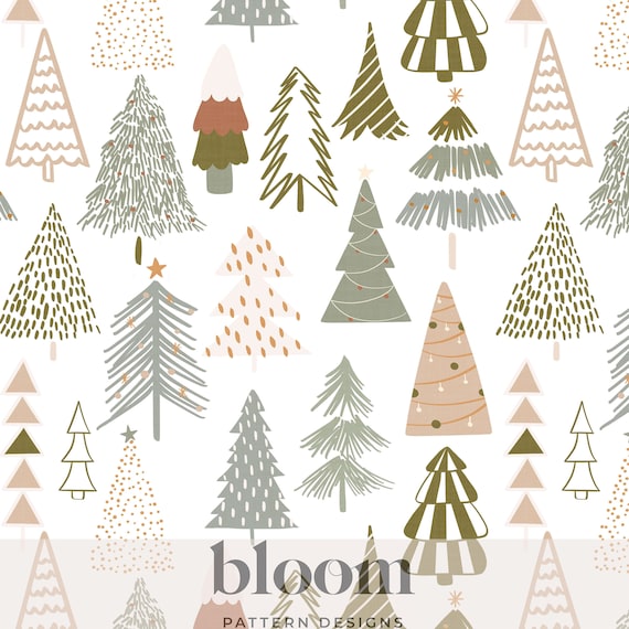 Scandinavian Christmas Trees Seamless Pattern File Design. Boho Christmas,  Neutral, Sage, Nordic. Clipart for Personal and Commercial Use.