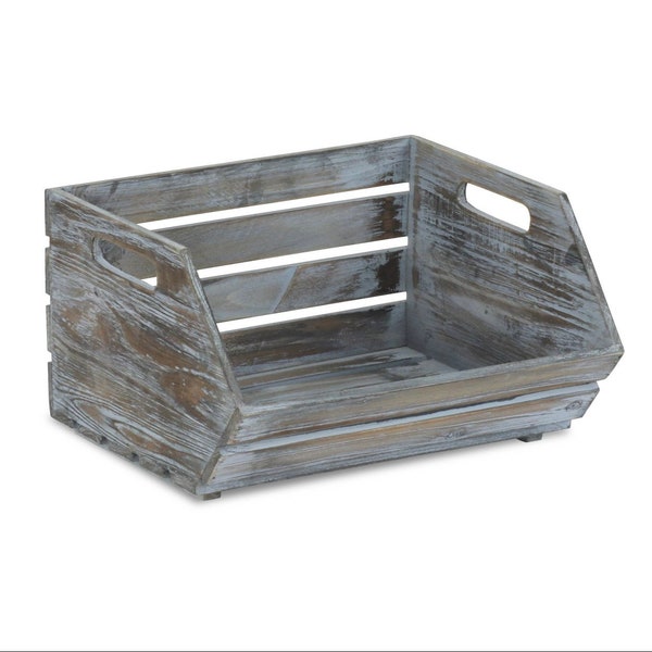 Rustic Farmhouse Wood Slat Stackable Storage with Side Handles - Gray Wash