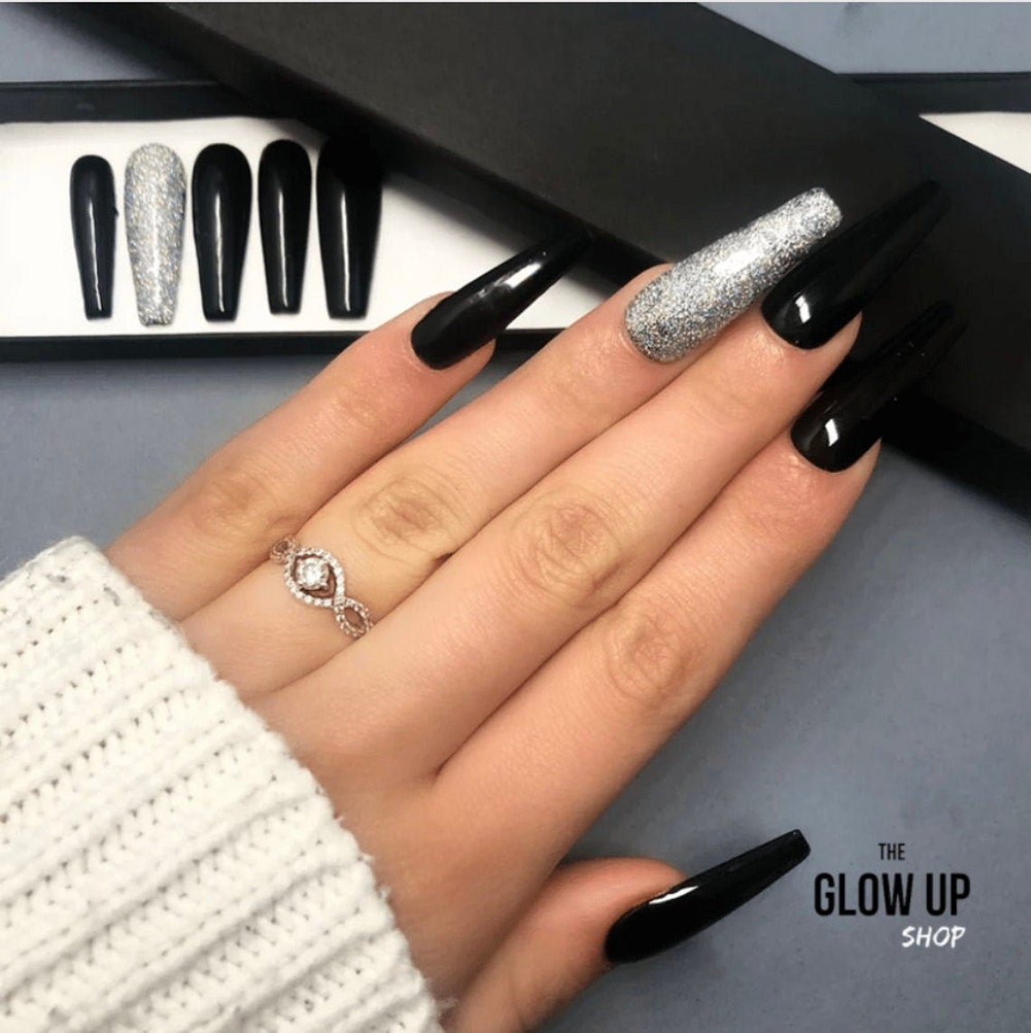 Schwarze und silberne Nägel NÄGEL AUFDRÜCKEN Faux Ongles à | Etsy