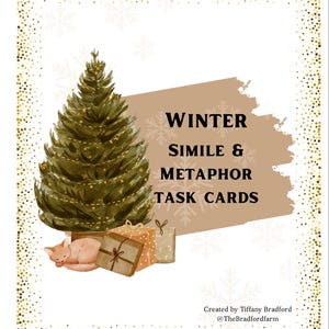 May include: A digital download of winter-themed task cards for learning about similes and metaphors. The image features a watercolour illustration of a Christmas tree, presents, and a cat.