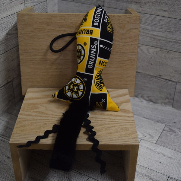 Cat & Kitten Toy Stuffed Fish Handmade Boston Bruins Team Fabric NHL Hockey Catnip, Hair Tie, Crinkle Paper, Bell, Great Gift