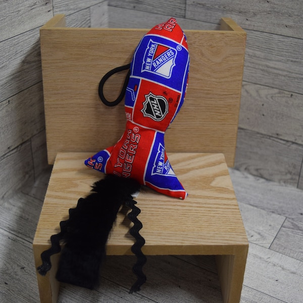 Cat & Kitten Toy Stuffed Fish Handmade New York Rangers Team Fabric NHL Hockey Catnip, Hair Tie, Crinkle Paper, Bell, Great Gift