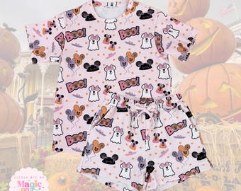 Conjunto de pijama de Halloween de Mickey Mouse fantasma: pijama rosa de punto gofrado.