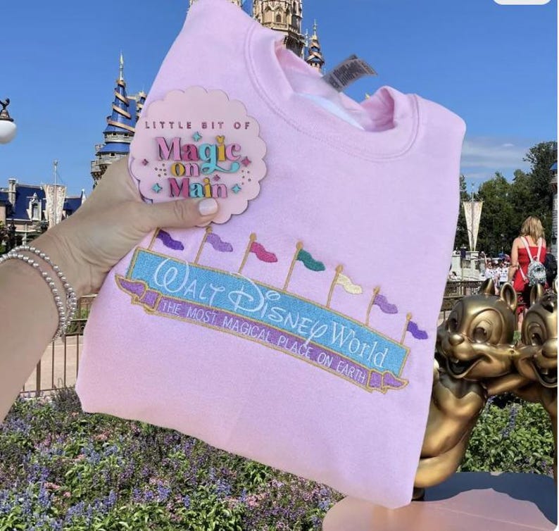 May include: A light pink sweatshirt with the embroidered text "Walt Disney World" and "The Most Magical Place on Earth." The sweatshirt also features a small tag that says "Little Bit of Magic on Main."