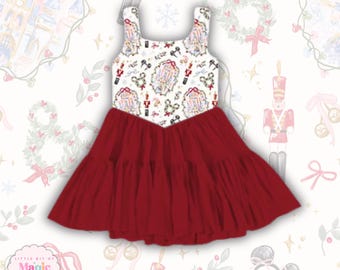 Preorder Tiered Nutcracker Dress: Whimsical Park Print, Nylon Spandex