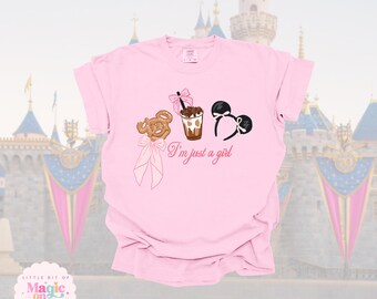 Disneyland "I'm Just a Girl" T-Shirt: Mickey Pretzel, Boba Drink, Ears