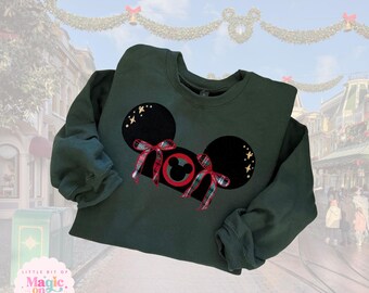 Embroidered Mickey Mouse Christmas Sweatshirt – Plaid Bow Detail