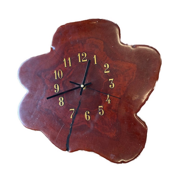 Vintage Wood Slab Handmade Wall Clock - Retro Live Edge Glossy - new hardware - 16" x 17"