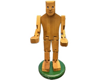 Vintage Wooden Blue-eyed Pose-able Robot Man Figure - Don Ellefson Pine Statue or Folk Art Style Sculpture - 28" tall
