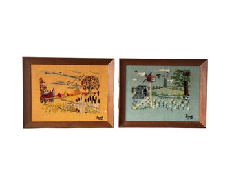 Pair Framed Vintage Crewel Embroidery Landscapes - Needlepoint Nature Meadow - Barn and Windmill Farm - Janet 1974 - 18" x 14" Wood Frames