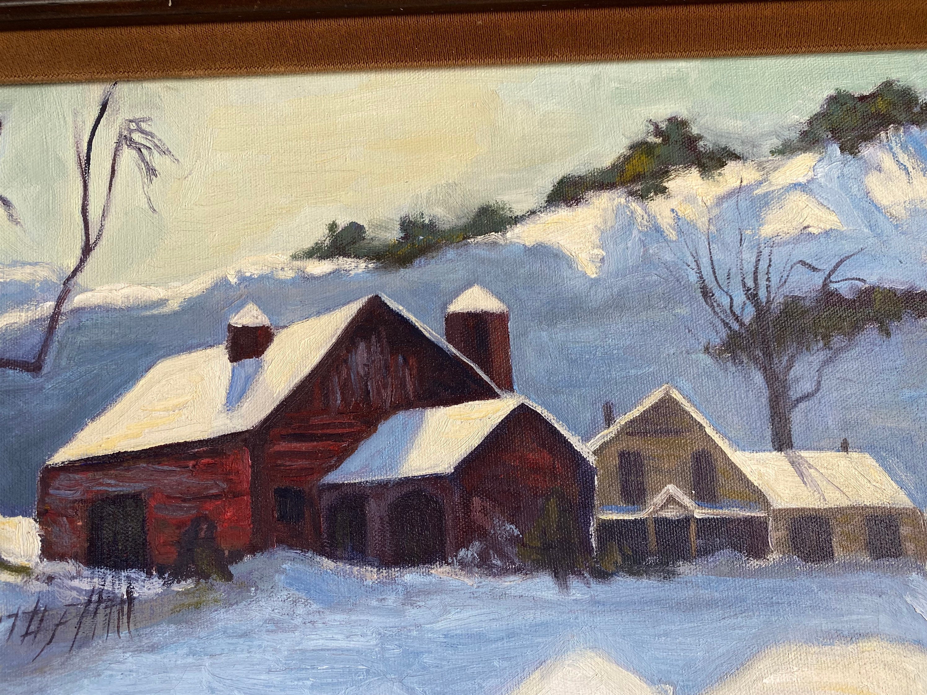 Large Original Signed Oil Painting of Snow at Winter Farmhouse and Barn ...