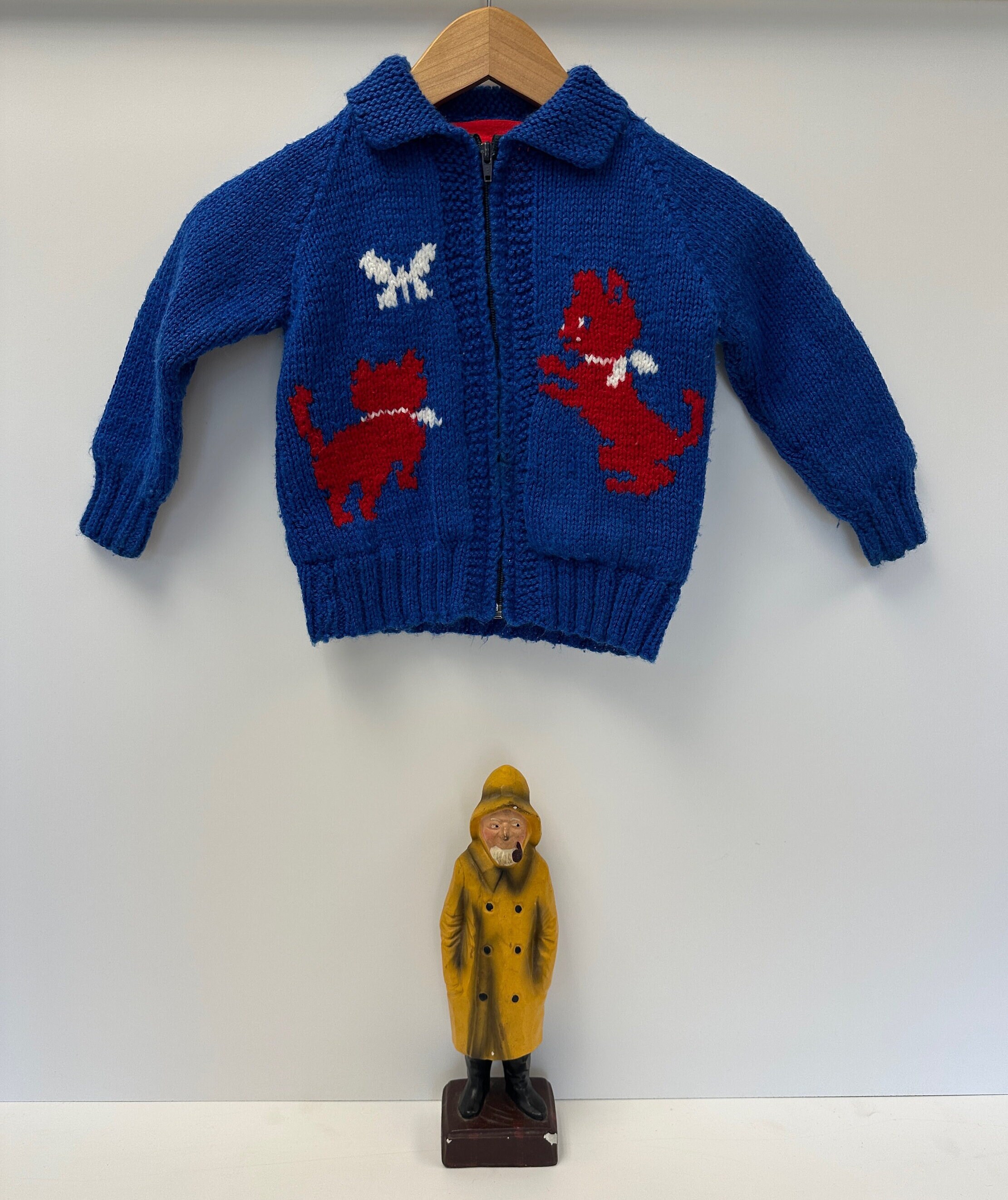 Vintage Child's Cowichan-style Handknit Cardigan in Blue and Red