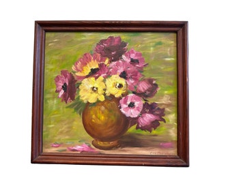 Vintage 1970 Oil Painting of Purple & Yellow Flowers on Wood in Wooden Frame - Signed Floral Green Still Life - Wood Frame - 18" x 19"